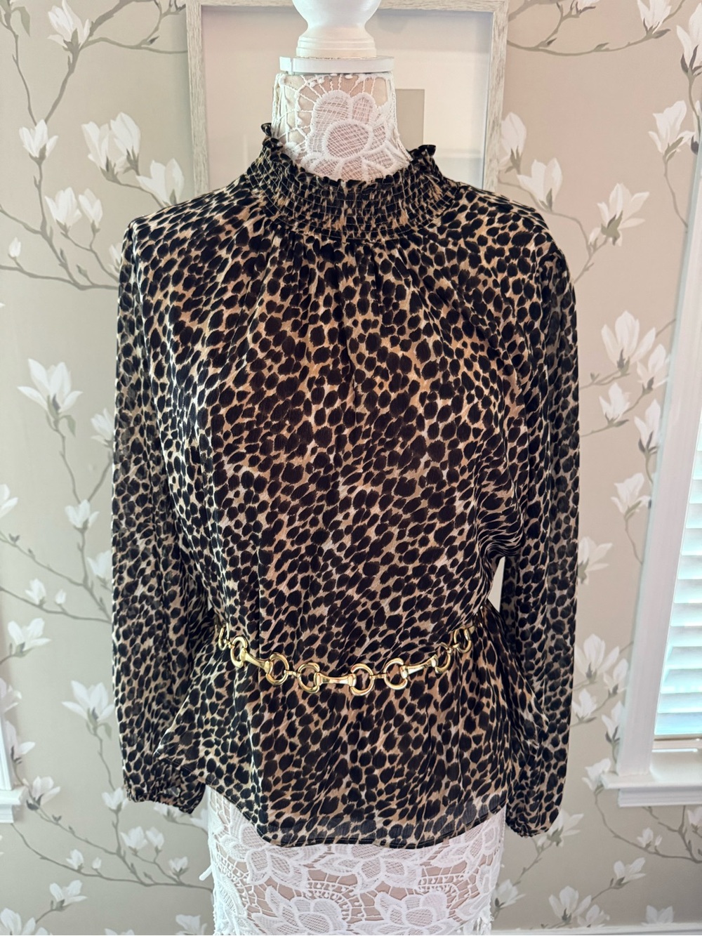 J. Crew Leopard-Print Smocked Neck Long-Sleeve Top - Brown/Black